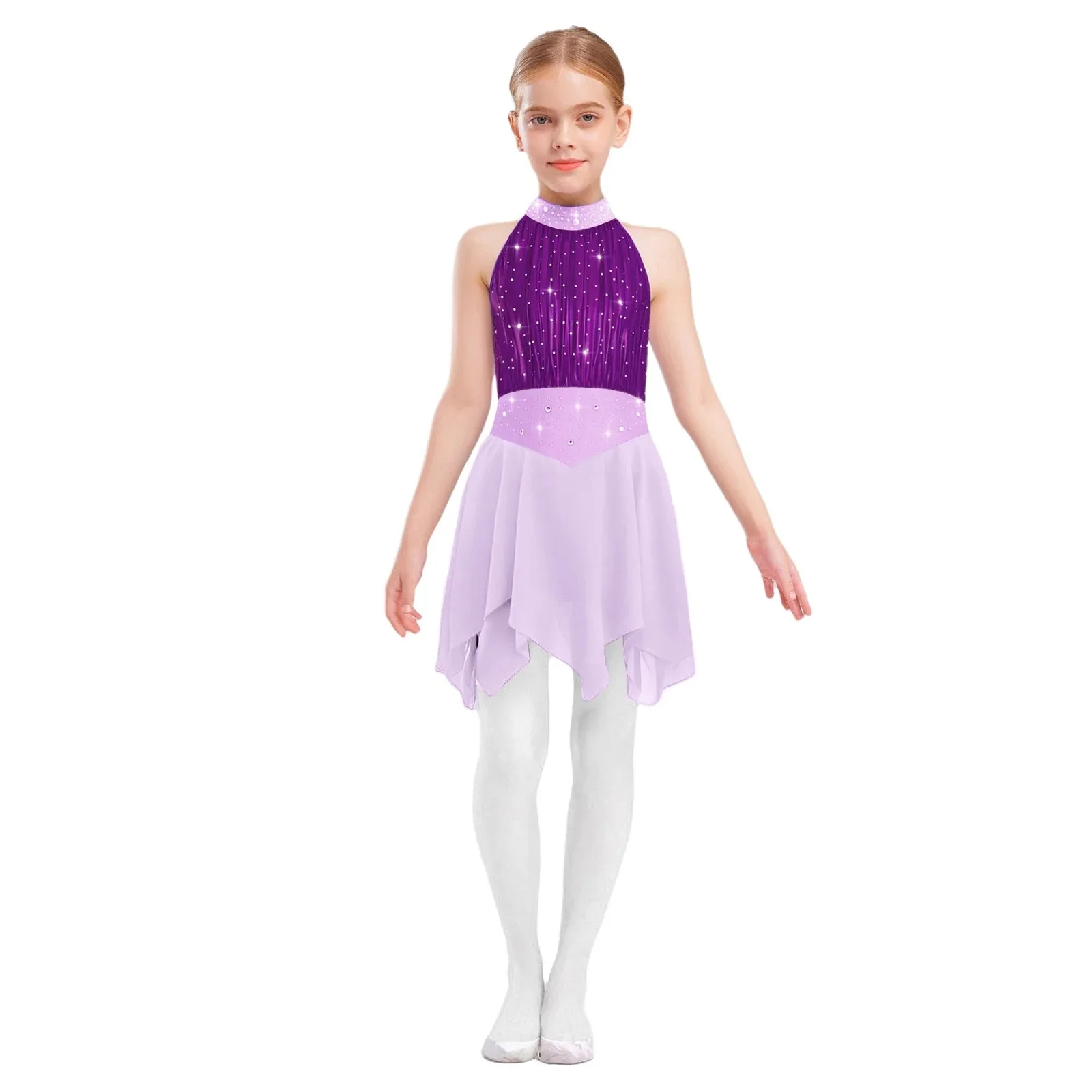 

Kids Girls Contemporary Lyrical Dance Dress Ballet Dress Sleeveless Shiny Rhinestones Sheer Mesh Chiffon Dress Modern Dancewear
