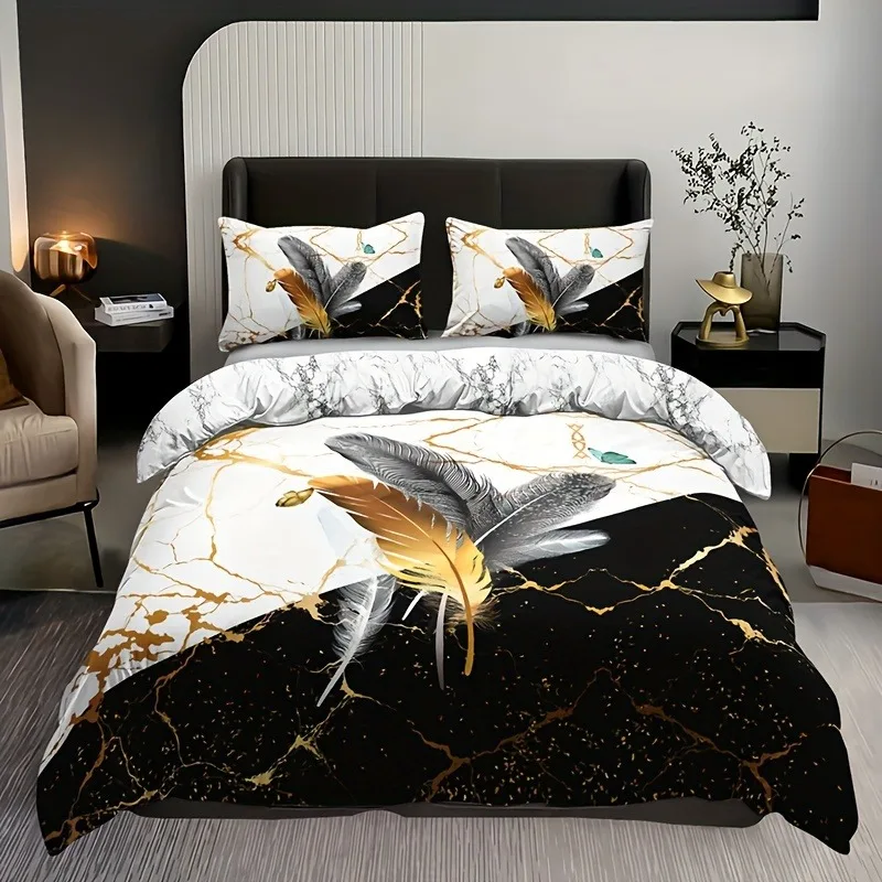 

Feather Print Duvet Cover Set Soft Breathable Black White Marble with Feather Print Bedding Set