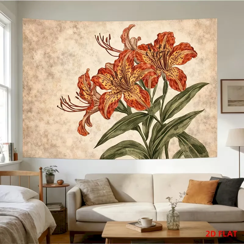 VIKAMA Leopard Lily Tapestry, Dark Floral Burgundy Wall Hanging Home Decor, Boho Aesthetic Room Tapestry Decor