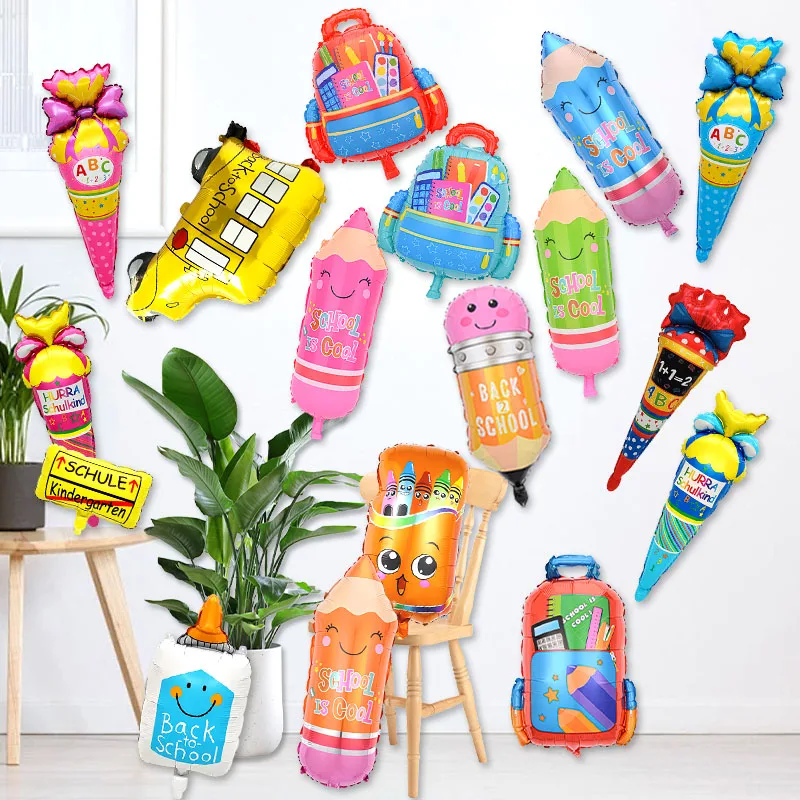 2pcs Happy Back To School Foil Balloons Stationery Pencil Bag Pencil Case Correction Fluid, School Bus Ice Cream Party Decor