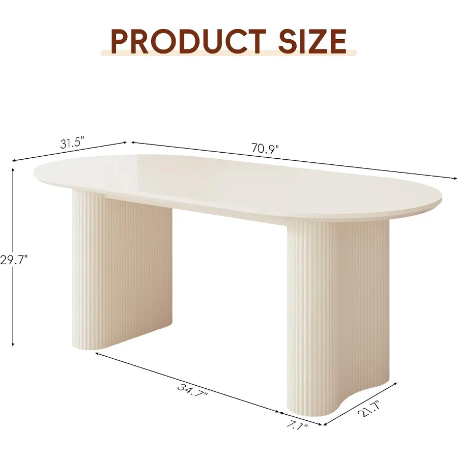 70 Cream White Oval Dining Table for Kitchen Dining Room, Ripple Legs Design, Ideal for 4-6 People