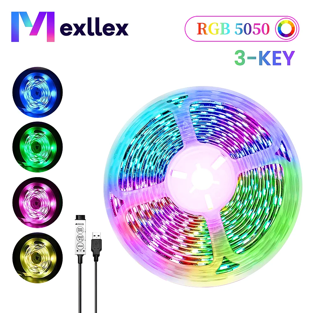 RGB USB Powered LED Light Strip Lights, 3-key Controller with Colorful variations TV Backlight Background for Room, Gifts, Party