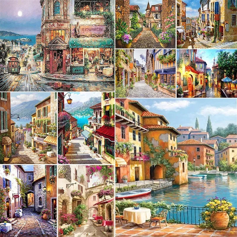 

132428 Canvas Painting Package DIY Acrylic Paint By Numbers Adults Wall Art For Living Room Home Decoration Europe Seaside Town