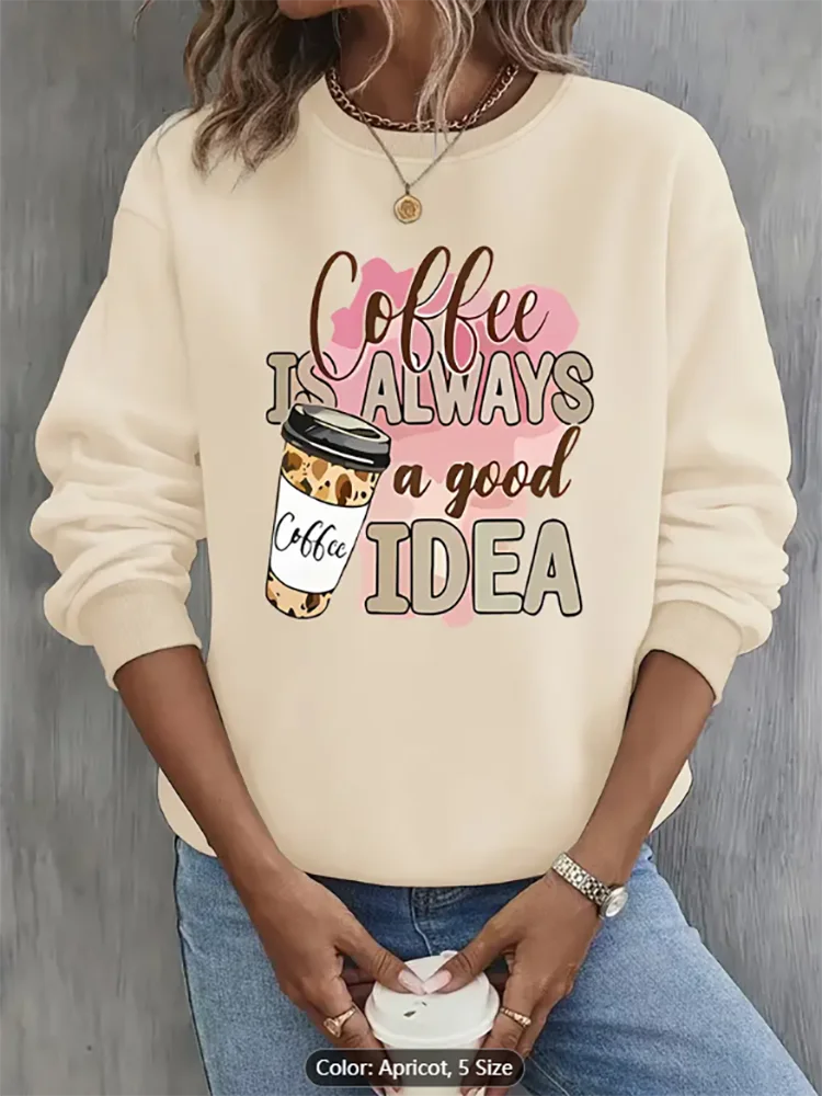 

Женская абрикосовая толстовка с графическим принтом кофе, повседневный пуловер большого размера для любителей кофе, чистый хлопок