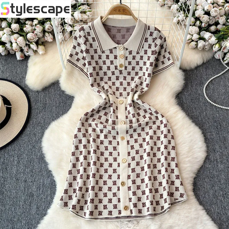 

Summer 2025 New French Style Waist Cinching Slimming Polo Collar Jacquard Knitted Dress for Petite Womenbirthday Dress for Women