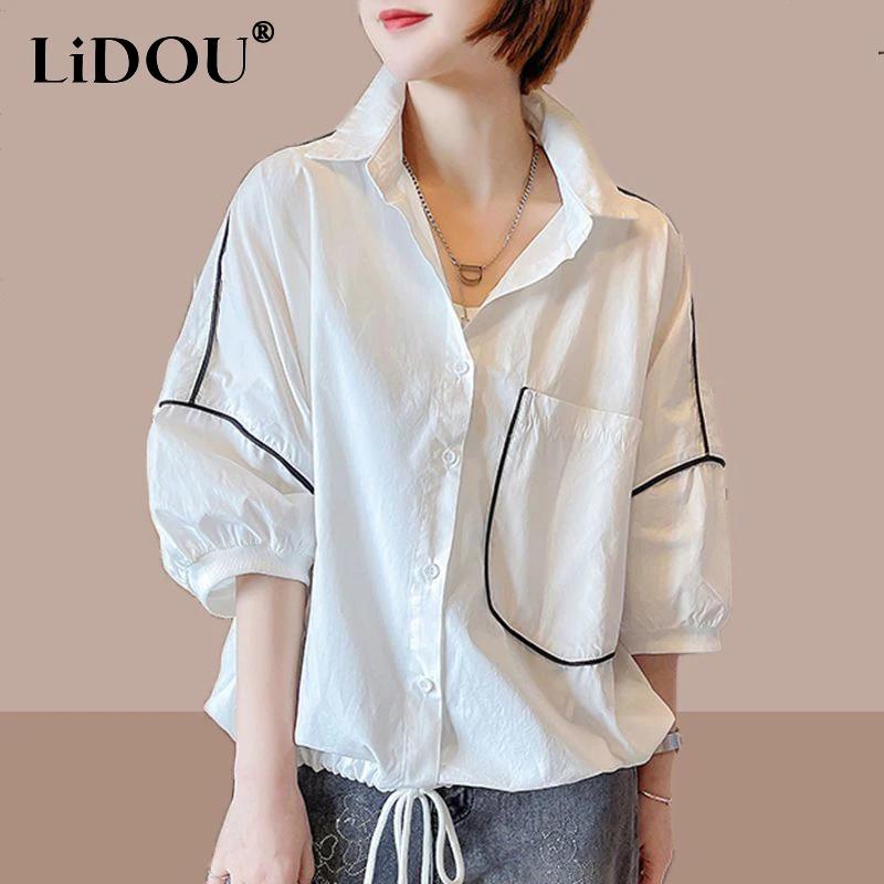 

Summer Casual Simple Bright Line Decoration Shirt Ladies Korean Fashion Buttons Cardigans Top Women Short Sleeve Loose Blouse