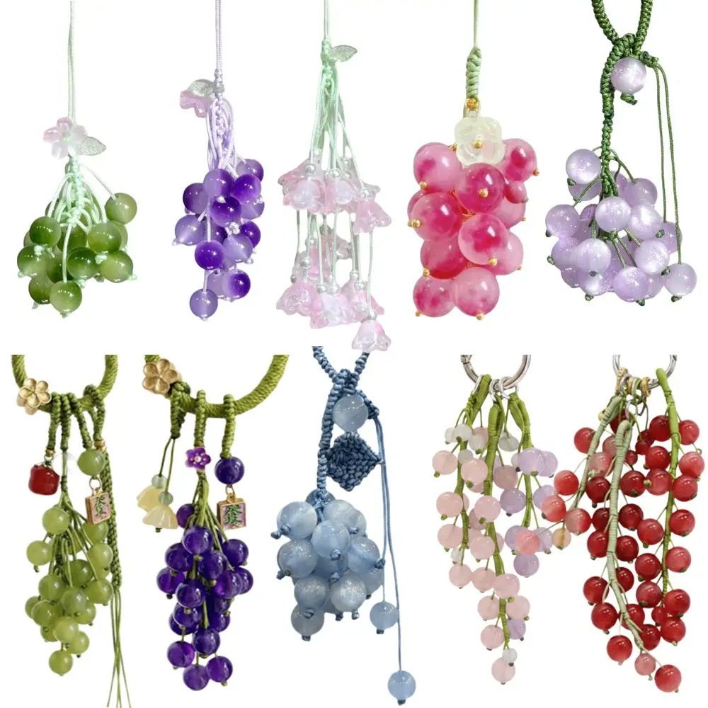 Elegant Grape Cluster Pendant Green Purple Crystal Grape Phone Chain Polyester Flower Gradient Beads Woven Pendant Girls