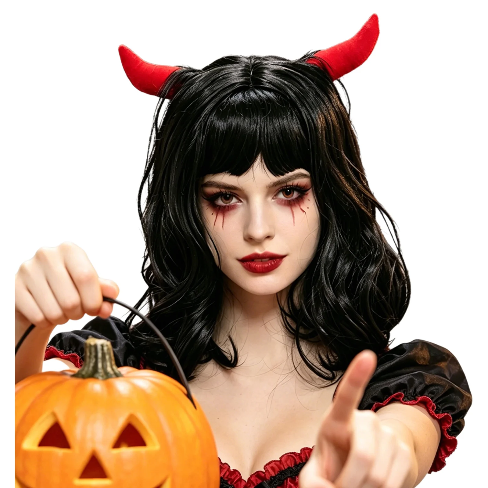 Women Devil Horns Curly Wig Demon Headpiece Faux Ox Decoration for Halloween Cosplay Party Stage Masquerade Fancy Dress