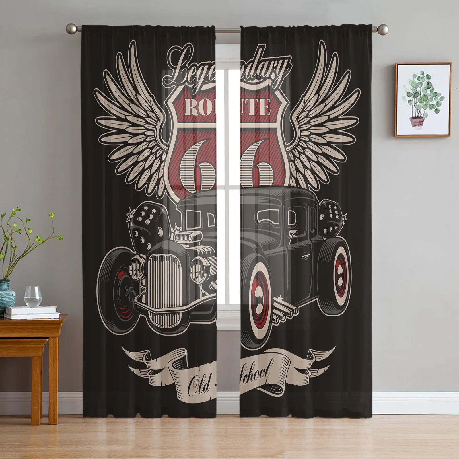 Car Wings Icon Retro Tulle Curtains for Living Room Print Sheer Voile Curtain Bedroom Window Screening Drapes Blinds Home Decor