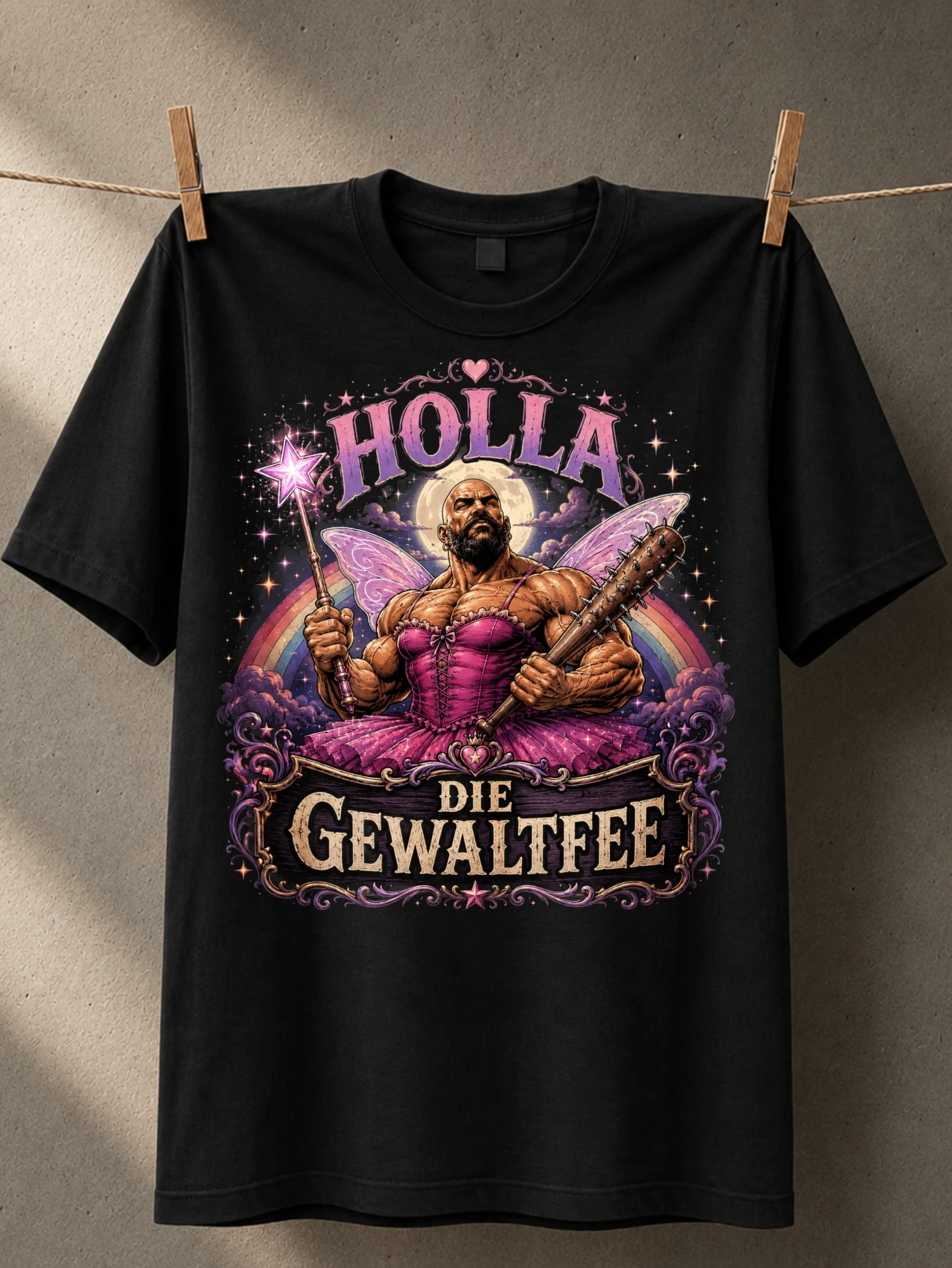 HOLLA DIE GEWALTFEE muscular fairy holding wand and club moonlit clouds rainbow and ornate purple  Unisex All T-Shirt