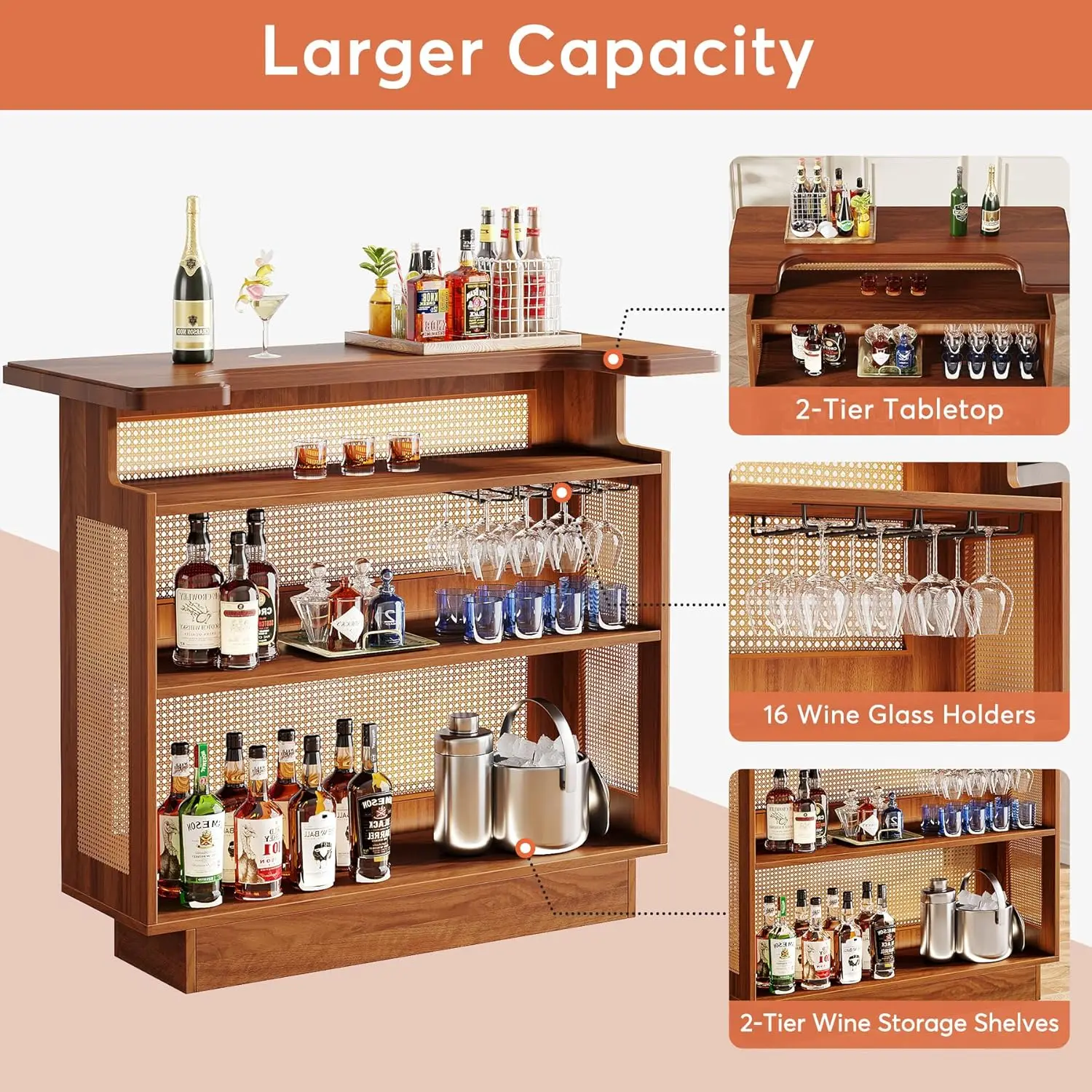Rattan Home Bar Unit, Farmhouse 4-Tier Bar Table with 4 Stemware Racks and Heightened Base, Liquor Wine Bar Cabinet Mini Bar Tab