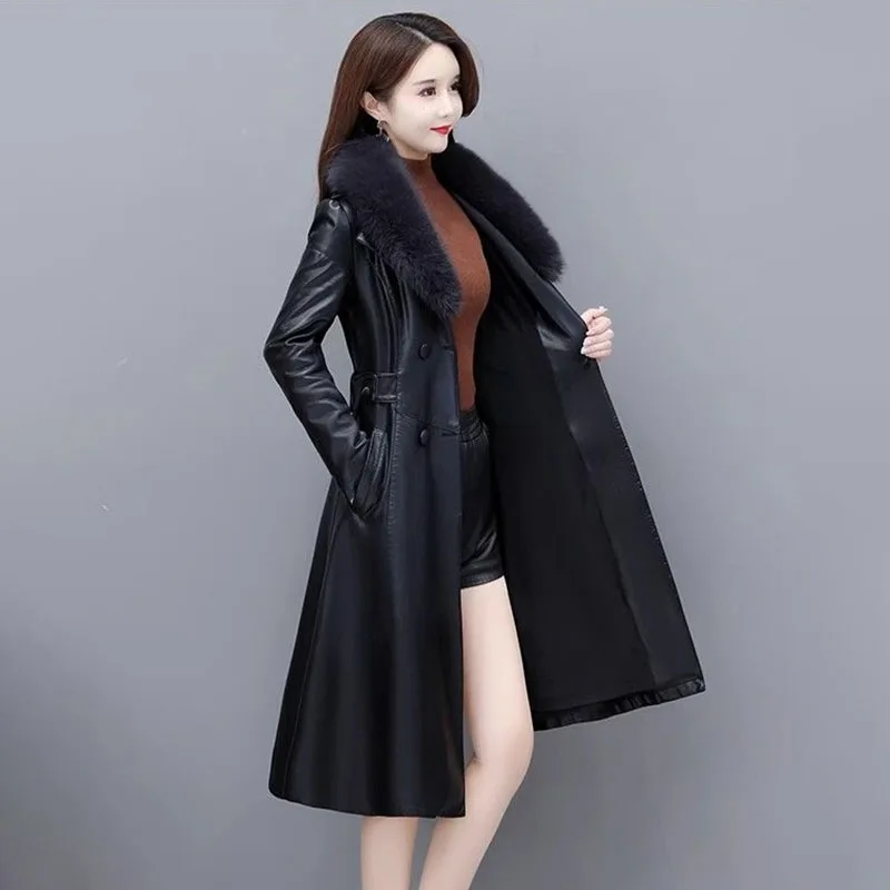Women's Slim Double-Breasted PU Leather Jacket Coat High-End Formal Leather Windbreakers for Autumn 2026 New Style