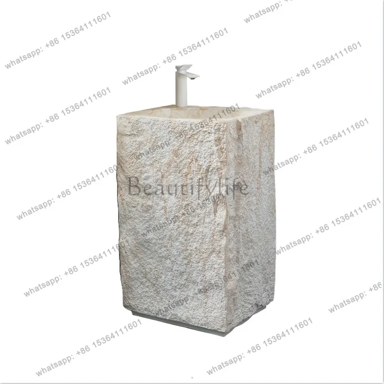 Personalized art high-end marble column basin cream wind stone pattern floor-to-ceiling integrated travertine washing table