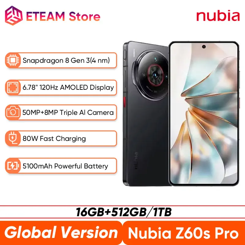 

Global Version Nubia Z60S Pro NX725J Smartphone 6.78"Snapdragon 8 Gen 2 5100mAh Battery 80W charge Camera satellite AI NFC model