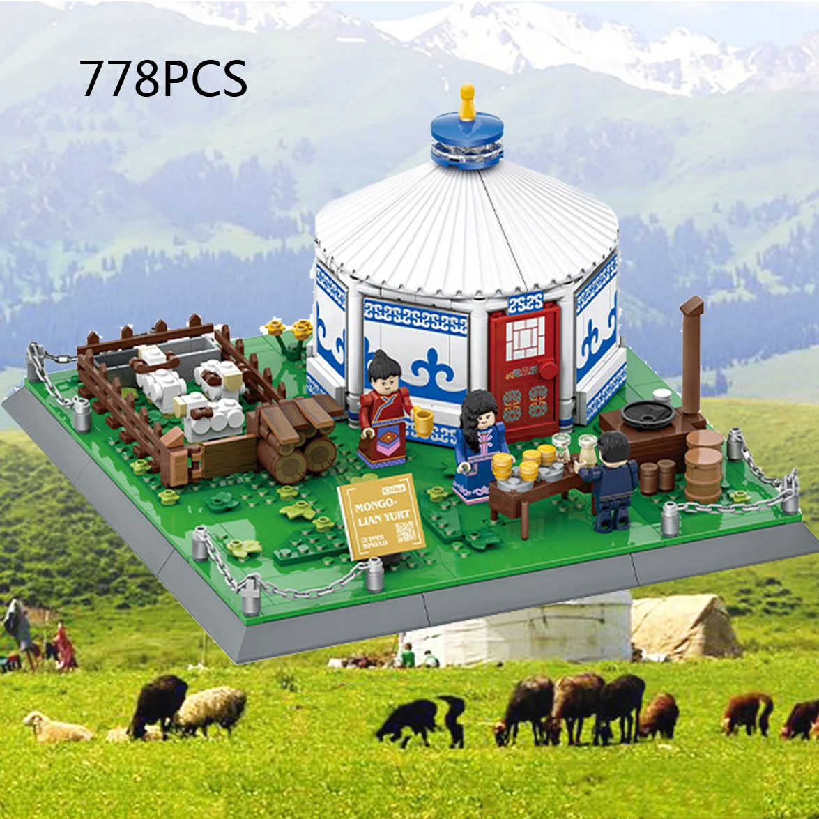 

Креативная китайская культурная архитектурная сцена, луг, монгольская юрта, строительные блоки, фигурки, кирпичная модель, коллекция игрушек для подарка