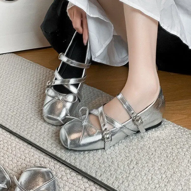 

2026 New Silver Women Mary Jane Shoes Concise Shallow Buckle Strap Shoes Spring Autumn Ladies Eelgant Dress Leather Flats Shoes