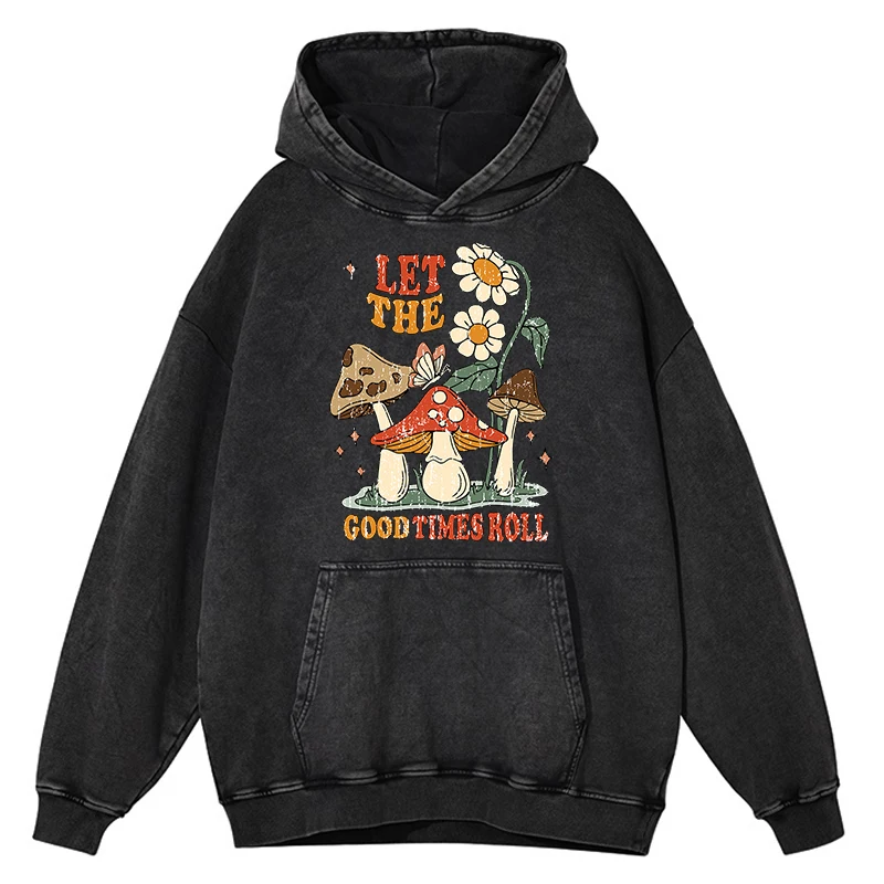 

Retro Distressed Wash Let The Good Times Roll Mushroom Flower Hoody Men Hip Hop Hoodie 100% Cotton Oversized Loose Sweatshirts