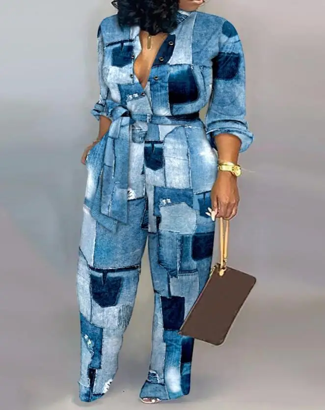 

Long Jumpsuit with Belt 2024 Summer Women Elegant Sexy Turn-Down Collar Denim Look Print Long Sleeve Belted Daily Work Jumpsuit