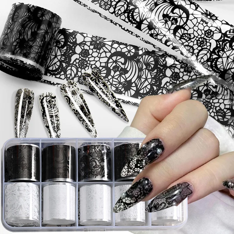 

10 Rolls/Box Lace Nail Foil Sticker White Black Transfer Foil Flower Nail Art Decals Acrylic DIY Manicure Nail Accessorie