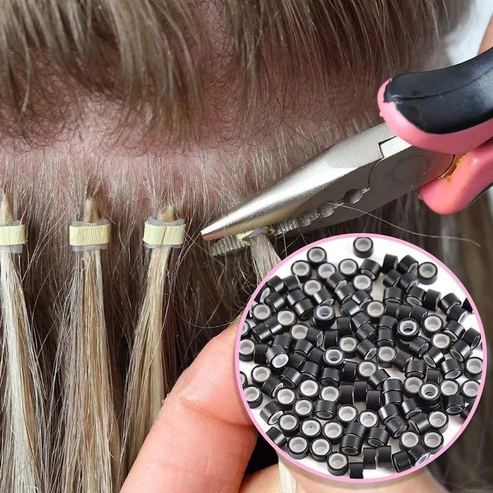 Hair Extensions Beads Tools Kit with Micro Pulling Needle Loop Threader And 500pcsSilicone Lined Micro Rings for Hair Extensions