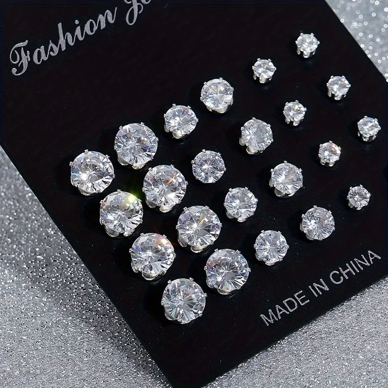 12 Pairs Of Stud Earrings Set Inlaid Round Zircon Elegant Ear Piercing Jewelry Decoration Party Favors for Men Women Daily Wear