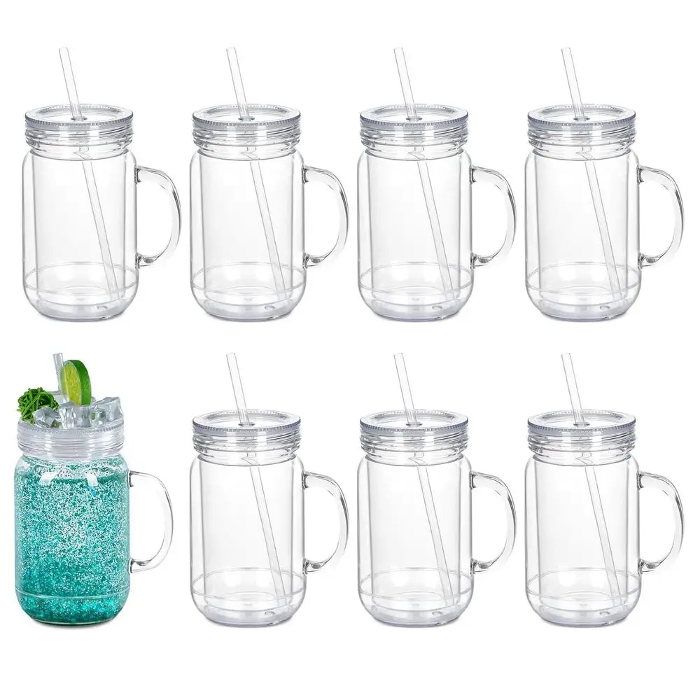 

Pack 20oz Acrylic Snowglobe Tumbler With Handle, Snow Globe Cups With Pre Drilled Hole, Double Wall Plastic Mason Jars With Han