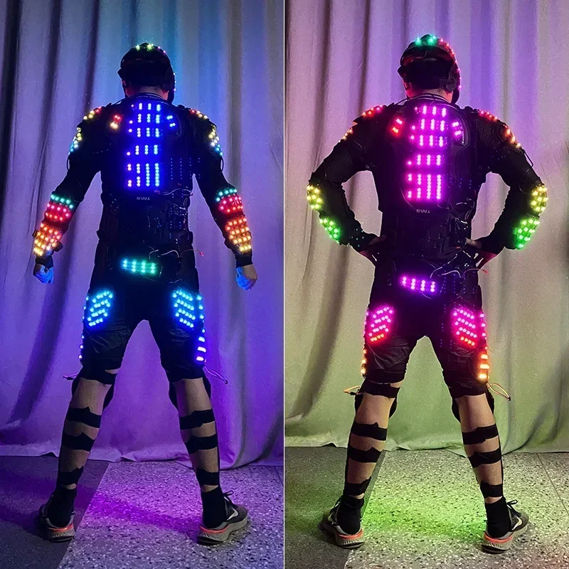 Adult LED Robot Costume Men Warrior Light Up Armor Skull Helmet Nightclub Bar Circus Stage Show Dance Clothes Party Outfit Fancy