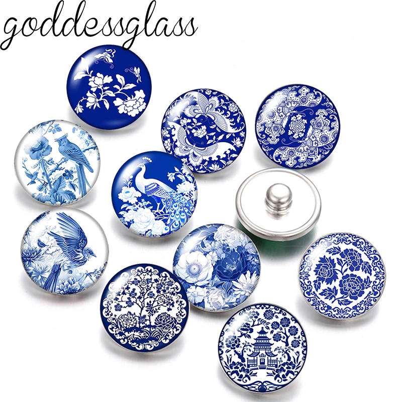 Chinese Blue Flowers Birds peacock patterns 12mm/18mm/20mm/25mm Round photo glass cabochon flat back Making findings earrings