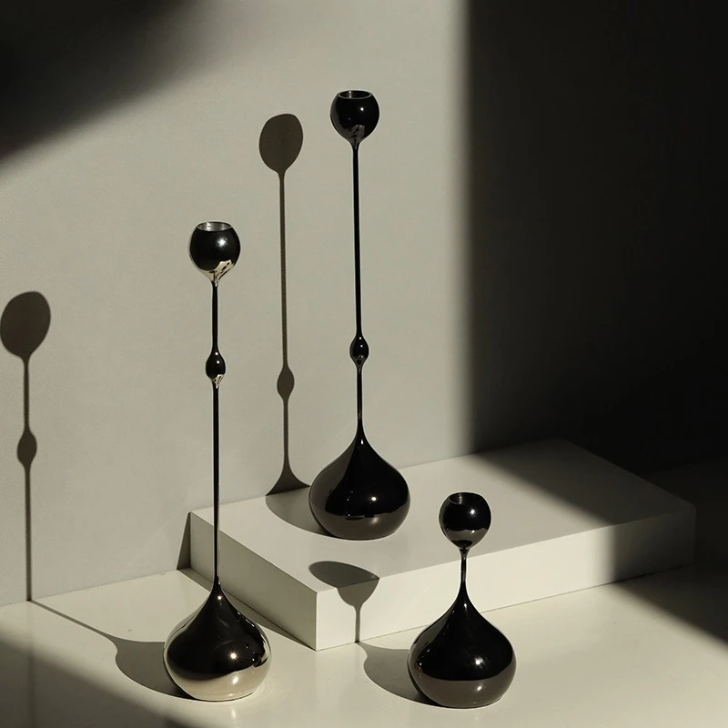 Metal black titanium plated tall foot, floor wrought iron candle holder set