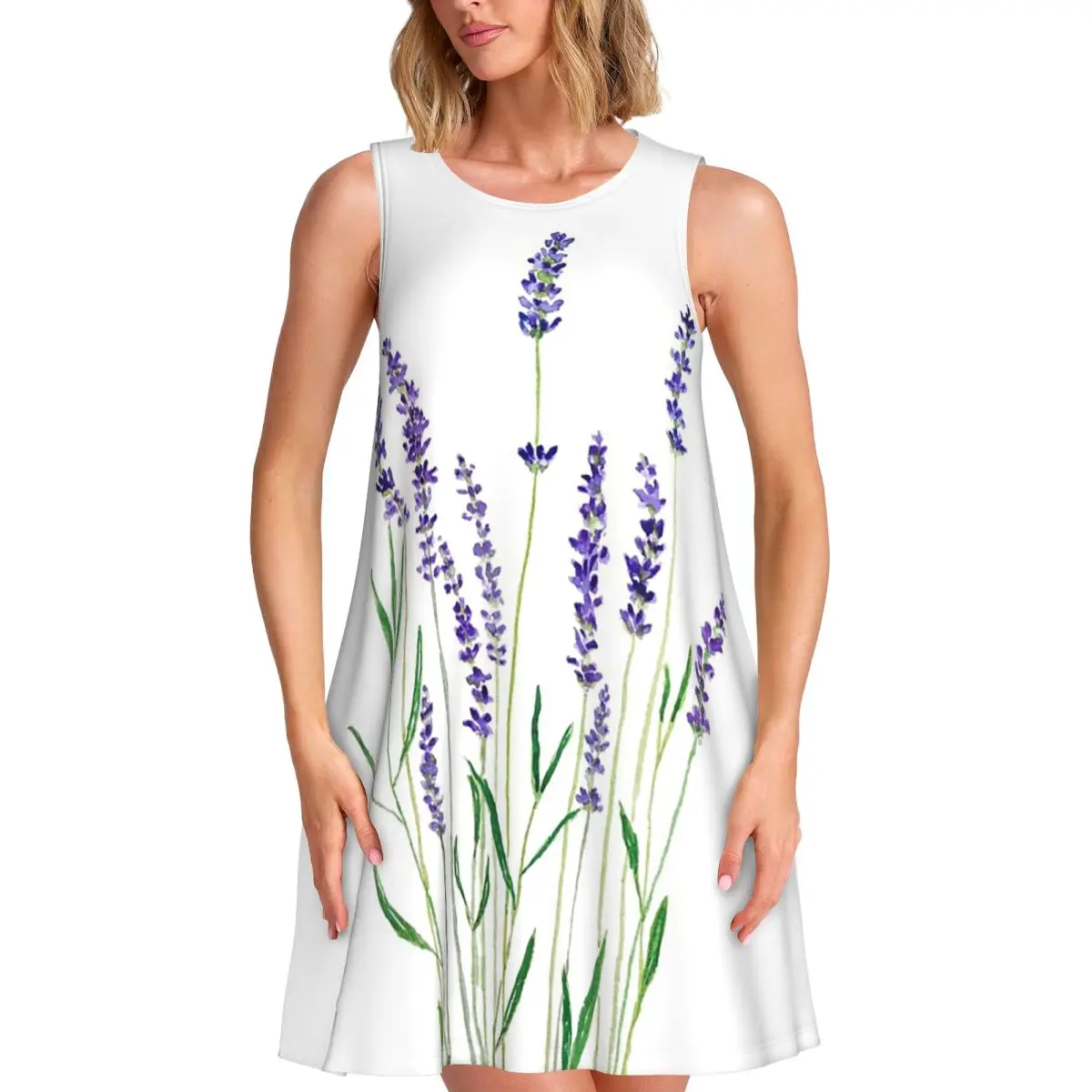 

Hand Painted Purple Lavender Summer Women Short Sleeve Dress Casual Sleeveless Round Neck Loose Dresses Street Robe