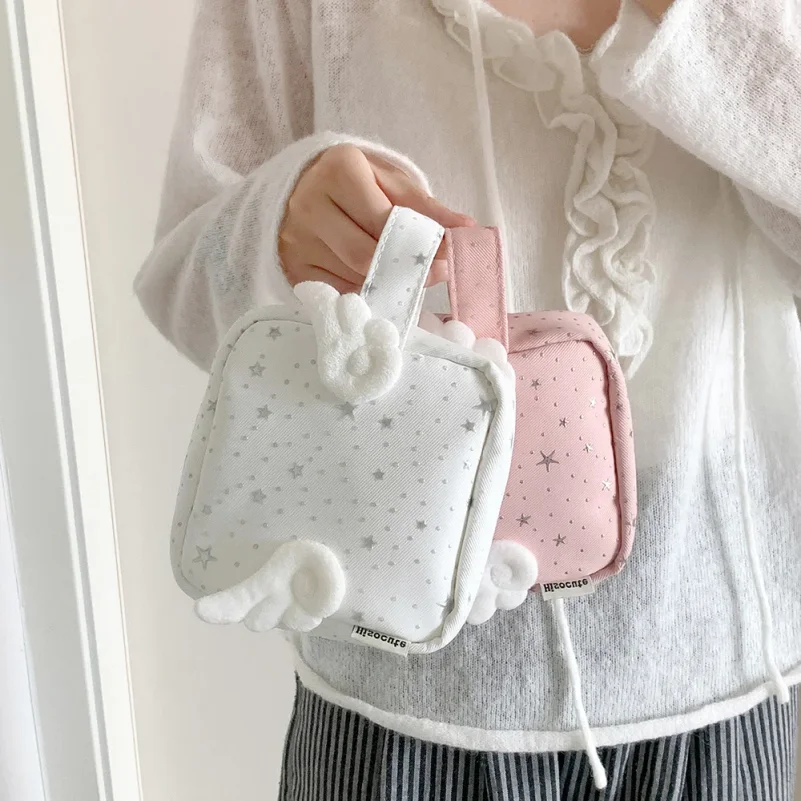 Fashion Angel Wing Silver Star Handheld Makeupbag Cute Girl Large Capacity Lipstick Storage Sanitary Cottonbag Wallet Women Gift