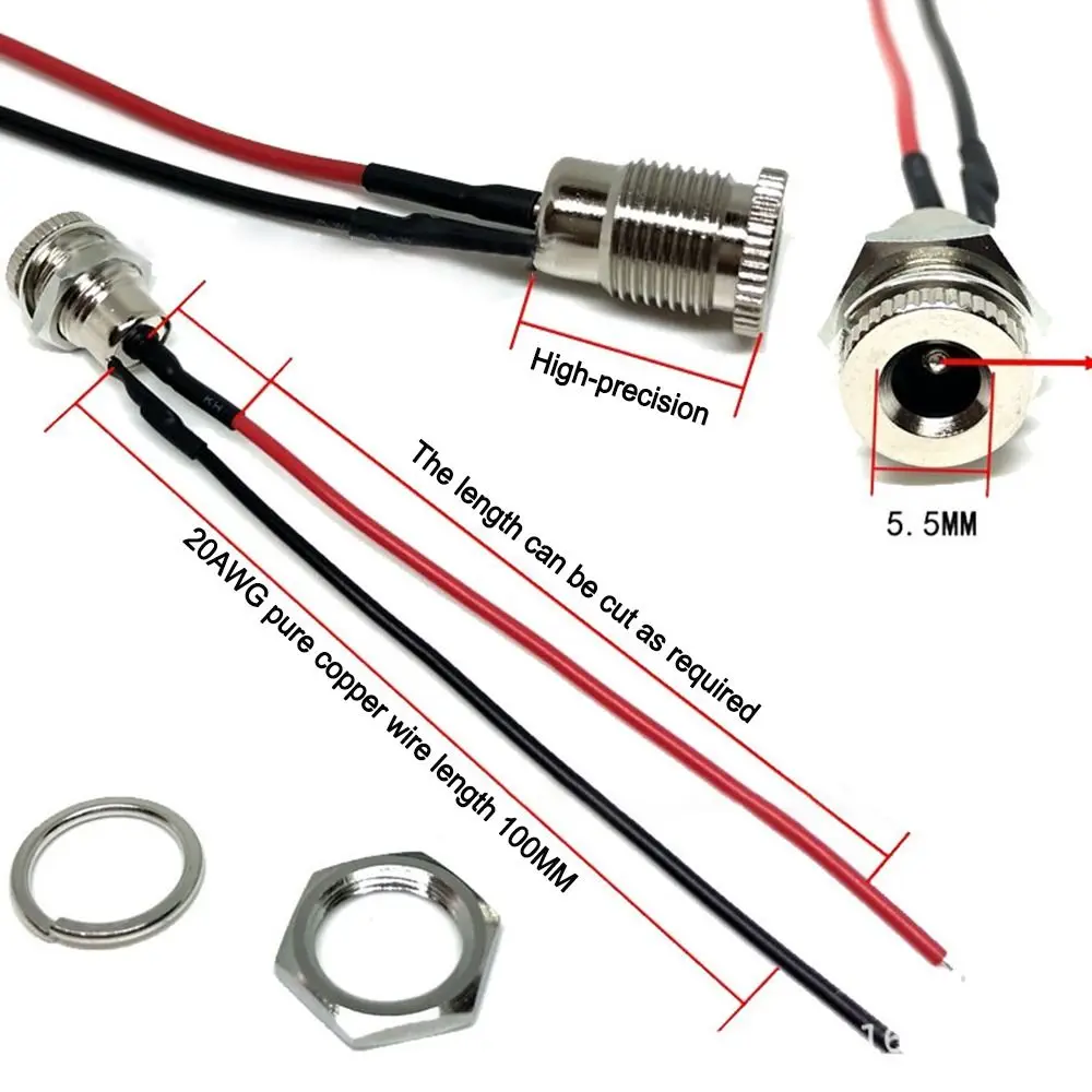 5.5 * 2.1 5.5*2.5mm With Cable Wired DC Power Female DC Socket High Current All Metal Male Female Power Plug Connector