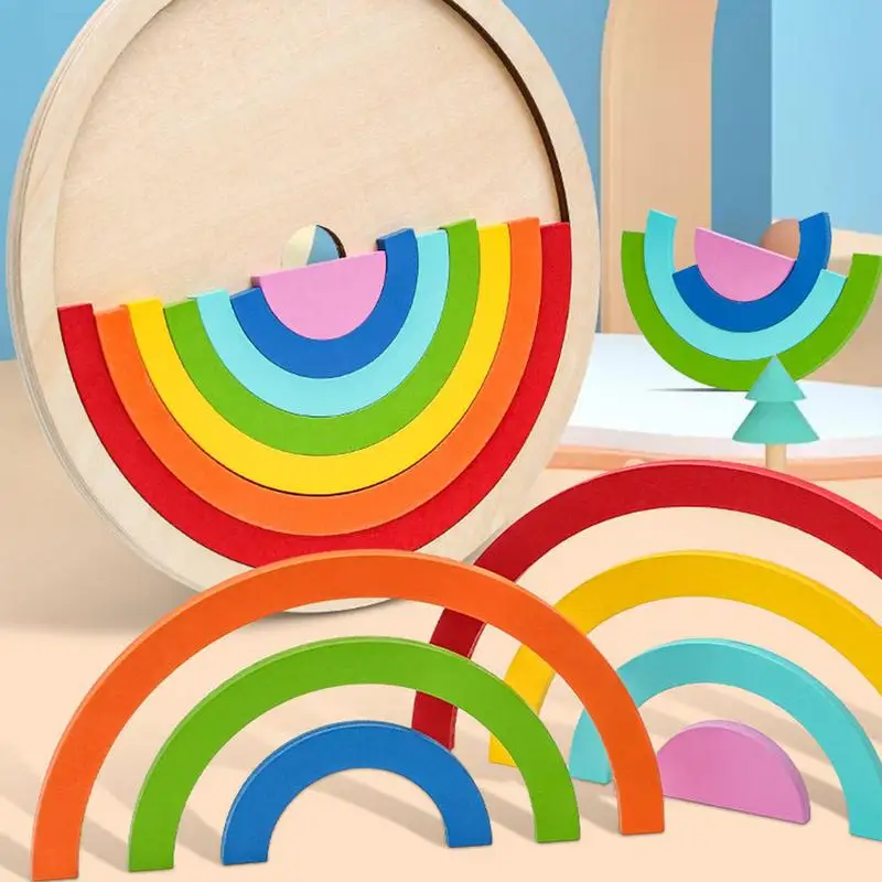 Wooden Rainbow Stacking Toy Wooden Nesting Puzzles Building Blocks Disc Educational Toys Montessori Disc Building Blocks Toys