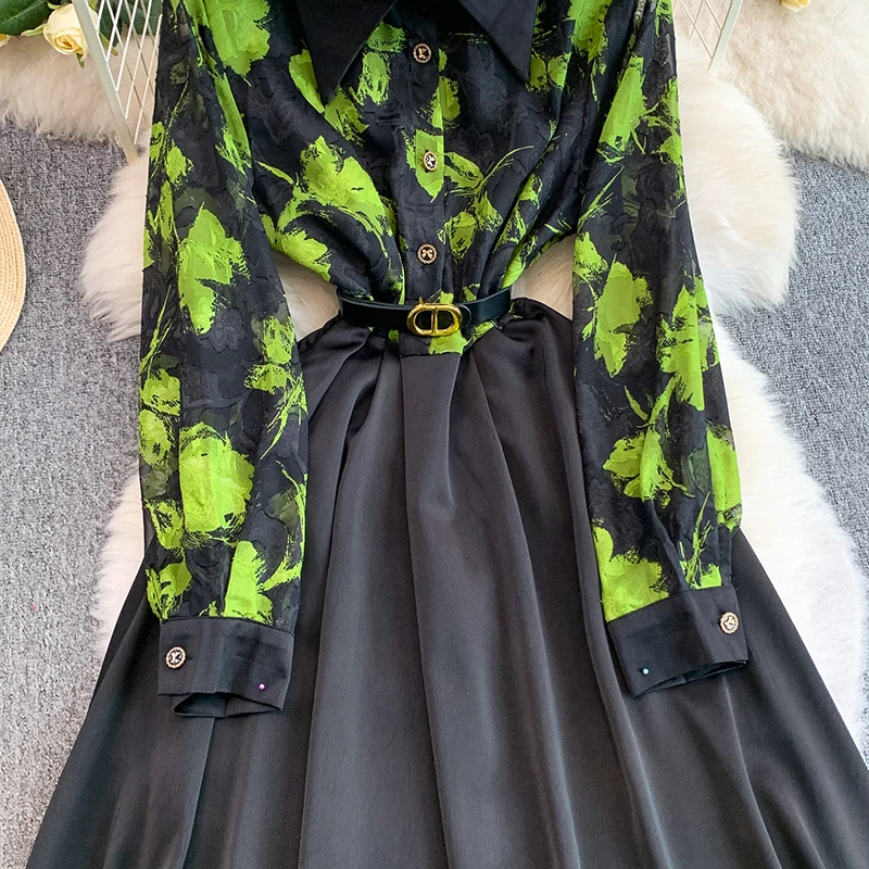 French style retro mesh printed dress women light luxury satin splicing waist cinching and slimming big swing long skirt