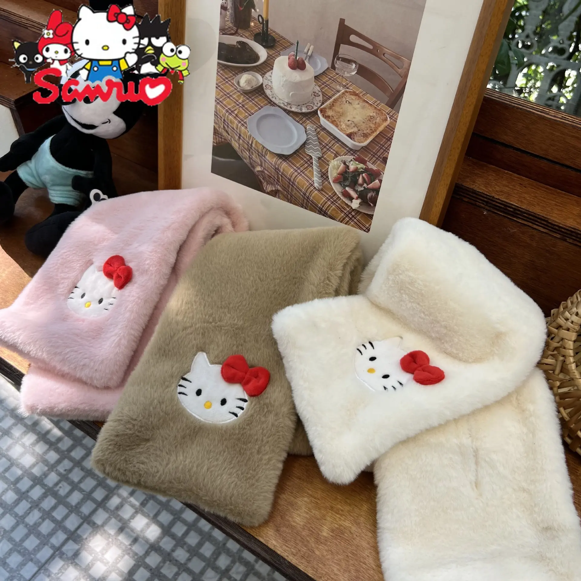 Sanrio Hello Kitty Plush Scarf Cartoon Bow Women's Student Rabbit Thickened Fur Soft Doll Scarf Kids Gift Keep Warm Accessories