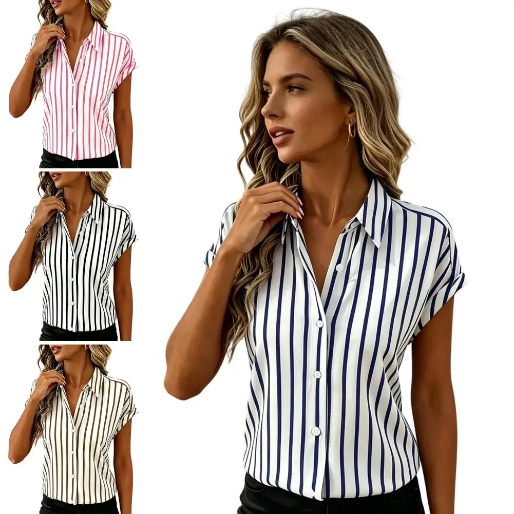 

Women Shirt Drop Shoulder Short Sleeves Button Placket Striped Print Summer Tops Loose Fit Soft Stretchy Blouse Daily Wear