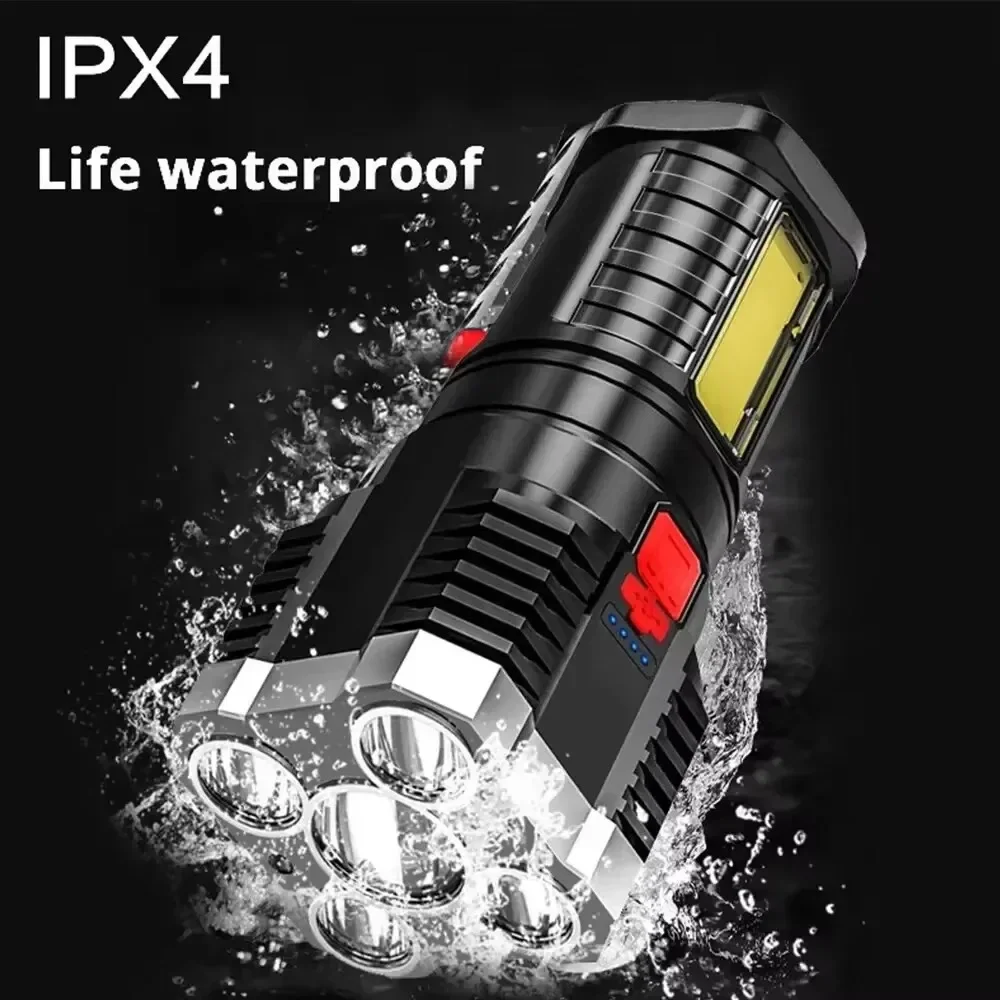 Rechargeable 5 LED Flashlight High Lumen Handheld Torch 4 Modes COB Side Light USB Charging Bright Waterproof Lamp for Camping