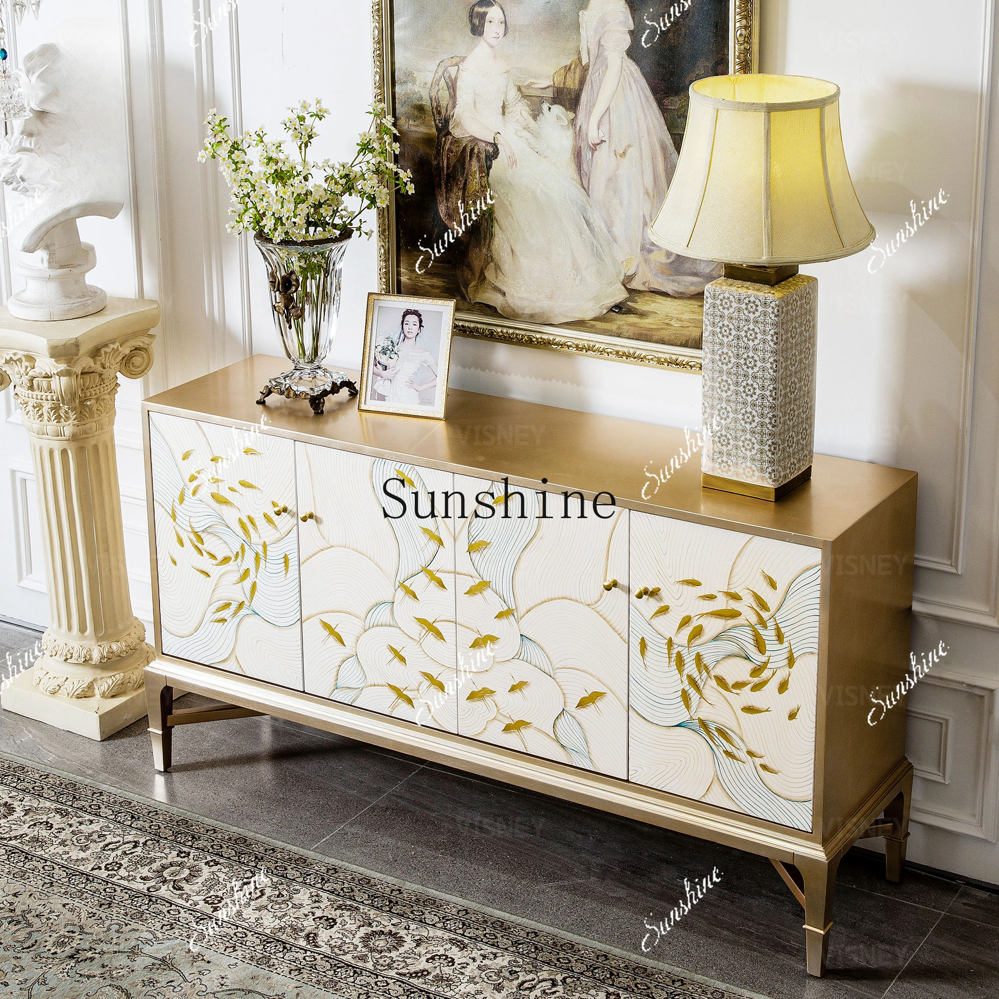 High-end villa French luxury dining edge solid wood carving flower painted cabinet EF6 FT