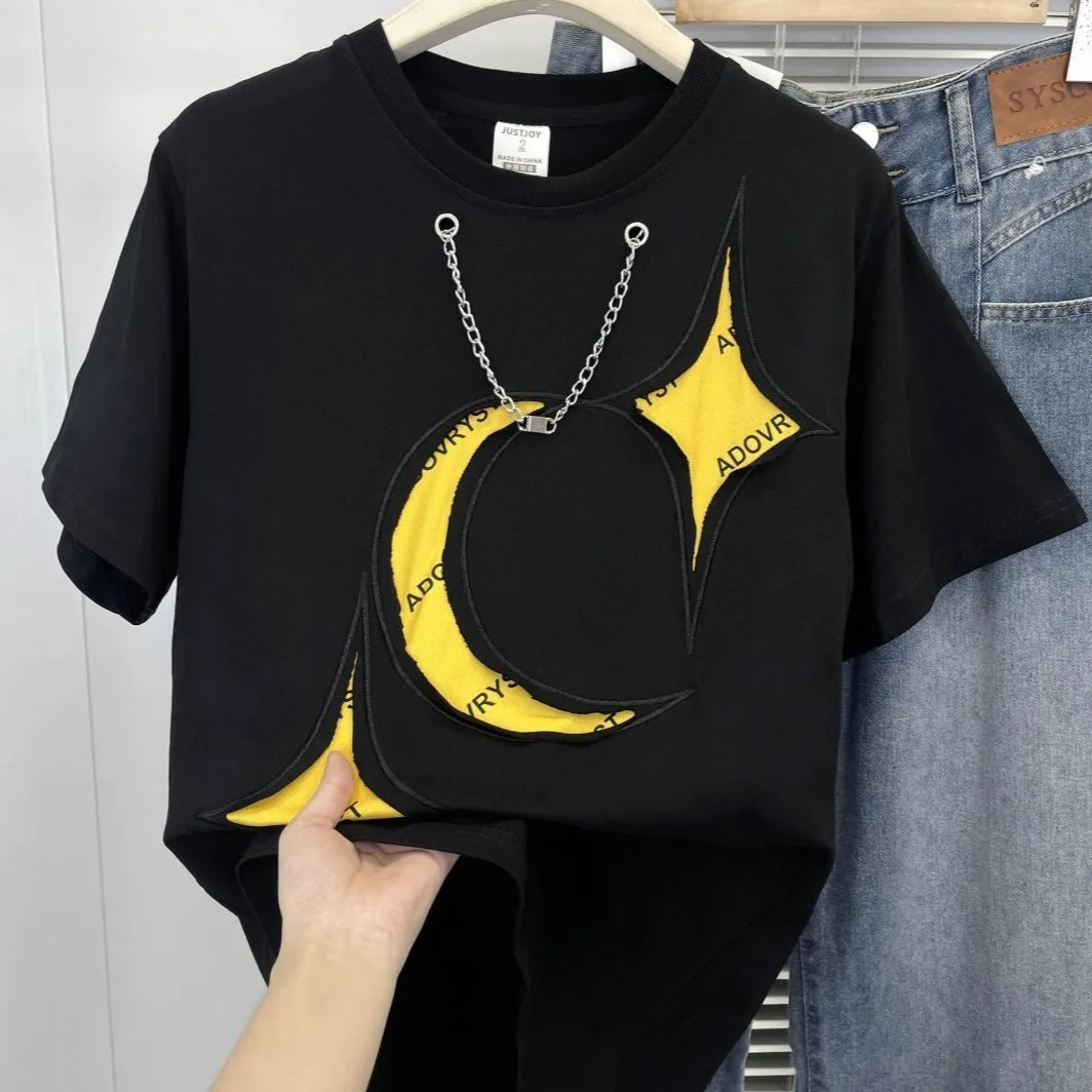 

Мужская футболка свободного кроя из чистого хлопка, летняя повседневная одежда, с принтом звезд и луны, универсальная, для пар, базовая футболка высокого качества