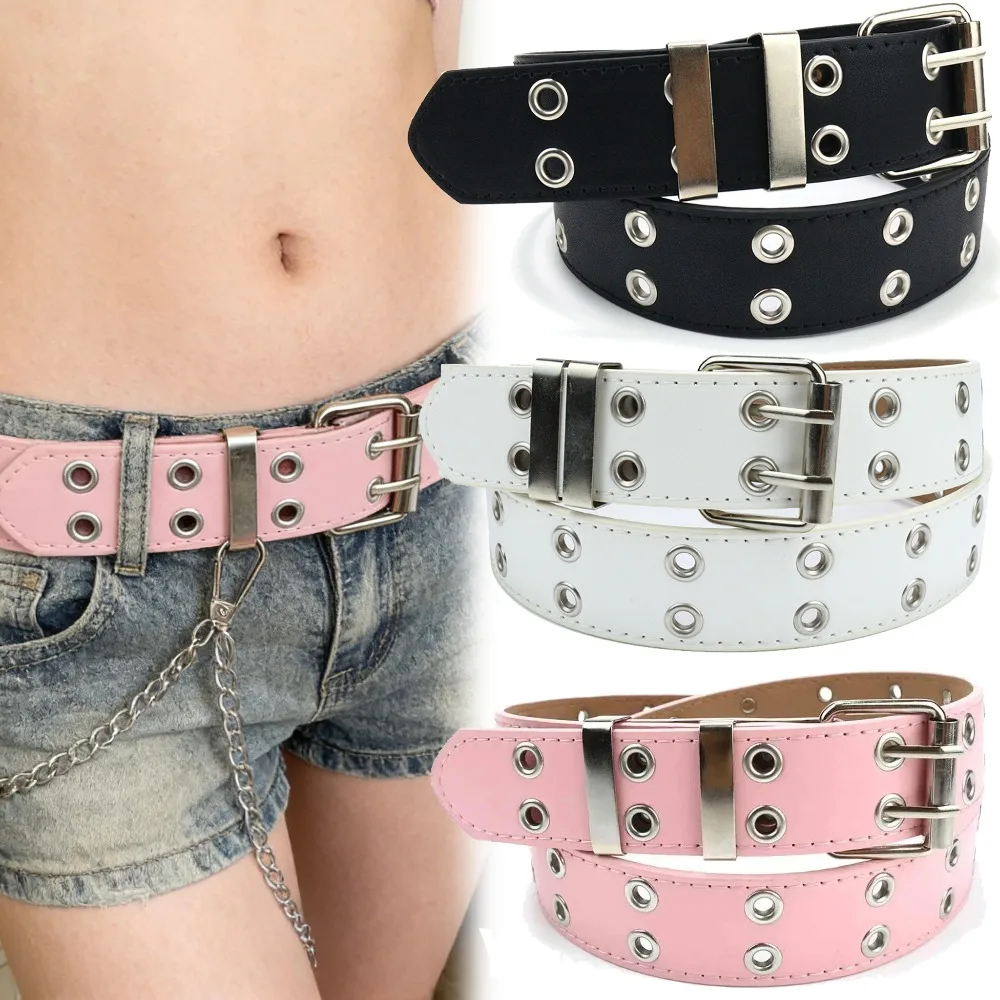 Y2K Aesthetic Punk Belt Women Pink Chain Leather Belt Adjust