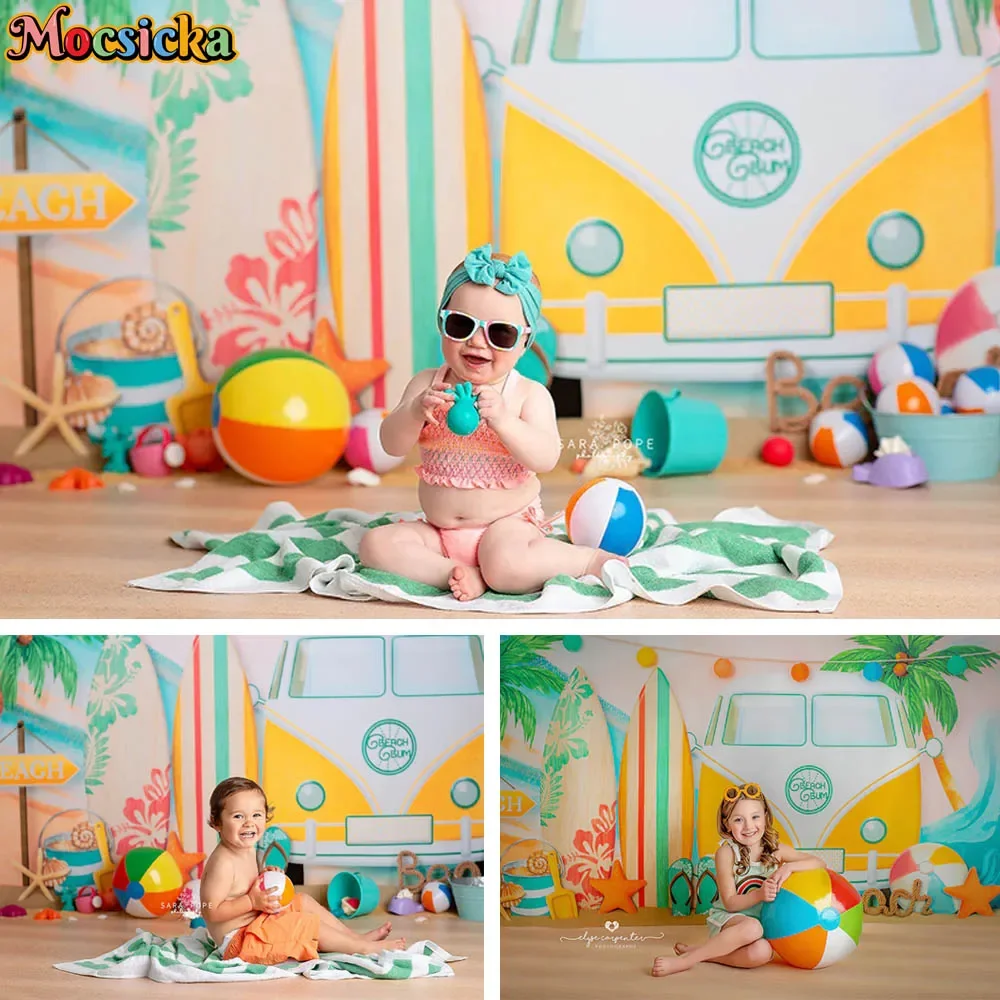 

Summer Tropical Surf Backdrop Sand Beach Car Surfboard Hawaii Kids Birthday Party Decor Child Cake Smash Background Photo Studio