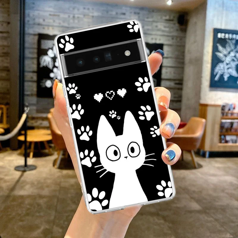 Cute Cartoon Black Cat Phone Case For Google Pixel 9 8 7 6 Pro XL 8A 7A 6A 5 4 5A 4A 3A XL 5G soft Silicone Clear TPU Cover