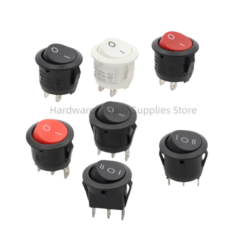 Mini interruptores spdt de 20mm de diâmetro, redondo, preto, branco, vermelho, 2/3 pinos, interruptor oscilante liga-desliga KCD1-105 ac 250v/6a 125v/10a