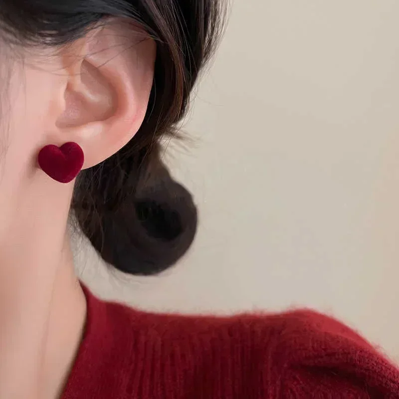 Gentle Red Velvet Imitation Pearl Bow Flower Earrings For Women Retro High-end Temperament Earrings Festival Ear Accssories B