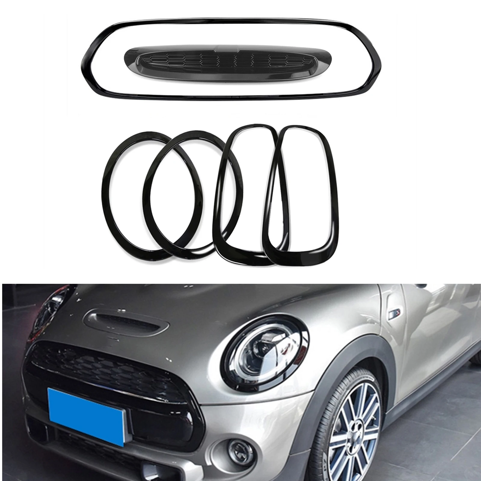 

Front+Rear Lamp Cover Headlight Frame+Engine Hood Scoop+Grille Grill Bezel Trim Kit For Mini Cooper S F55 F56 F57 JCW 2014-2021