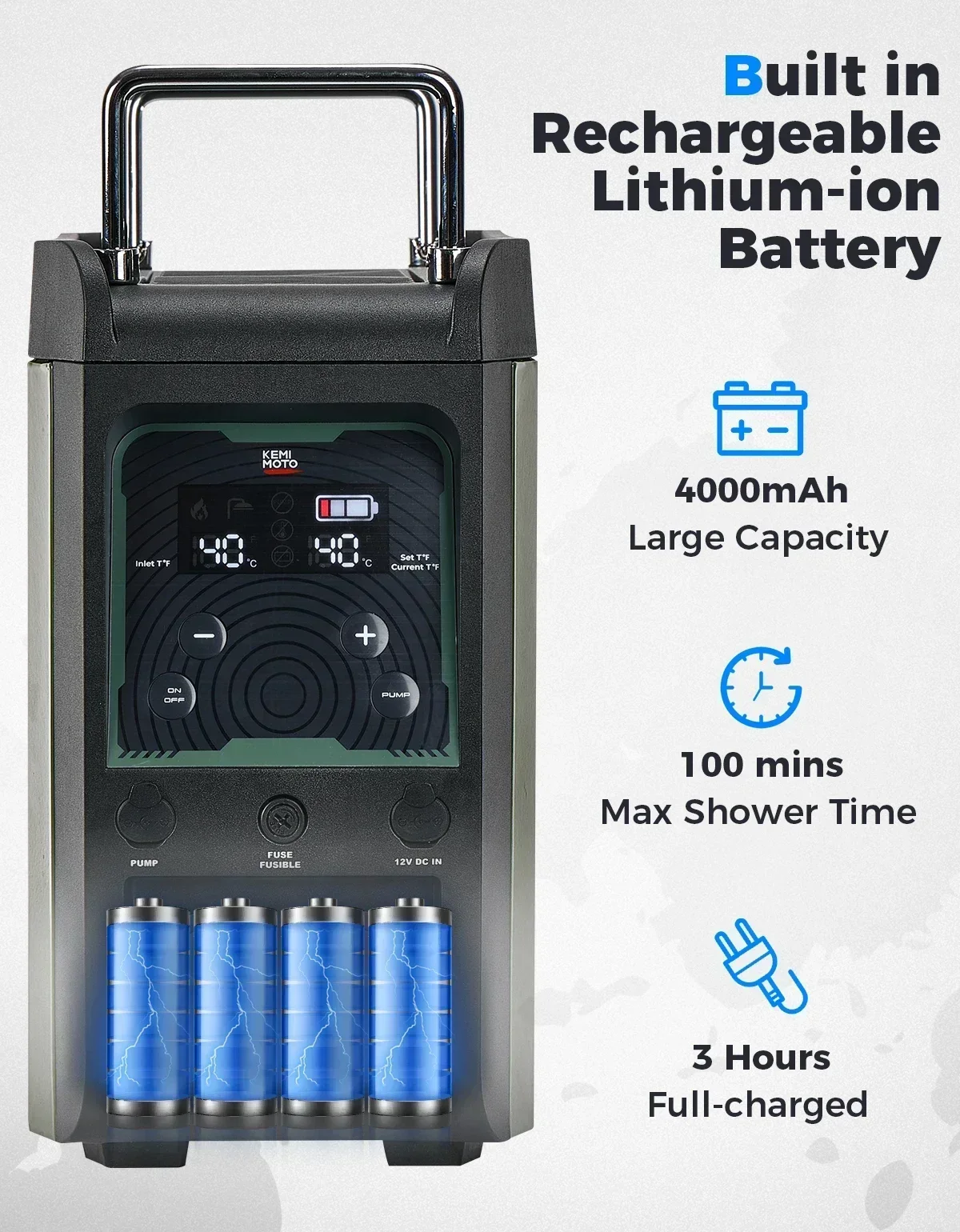 KEMIMOTO Water Heater Portable Shower Butane with Pump 20,500 BTU 4000mAh Rechargeable Battery LCD for Outdoor Camping Hunting view 3