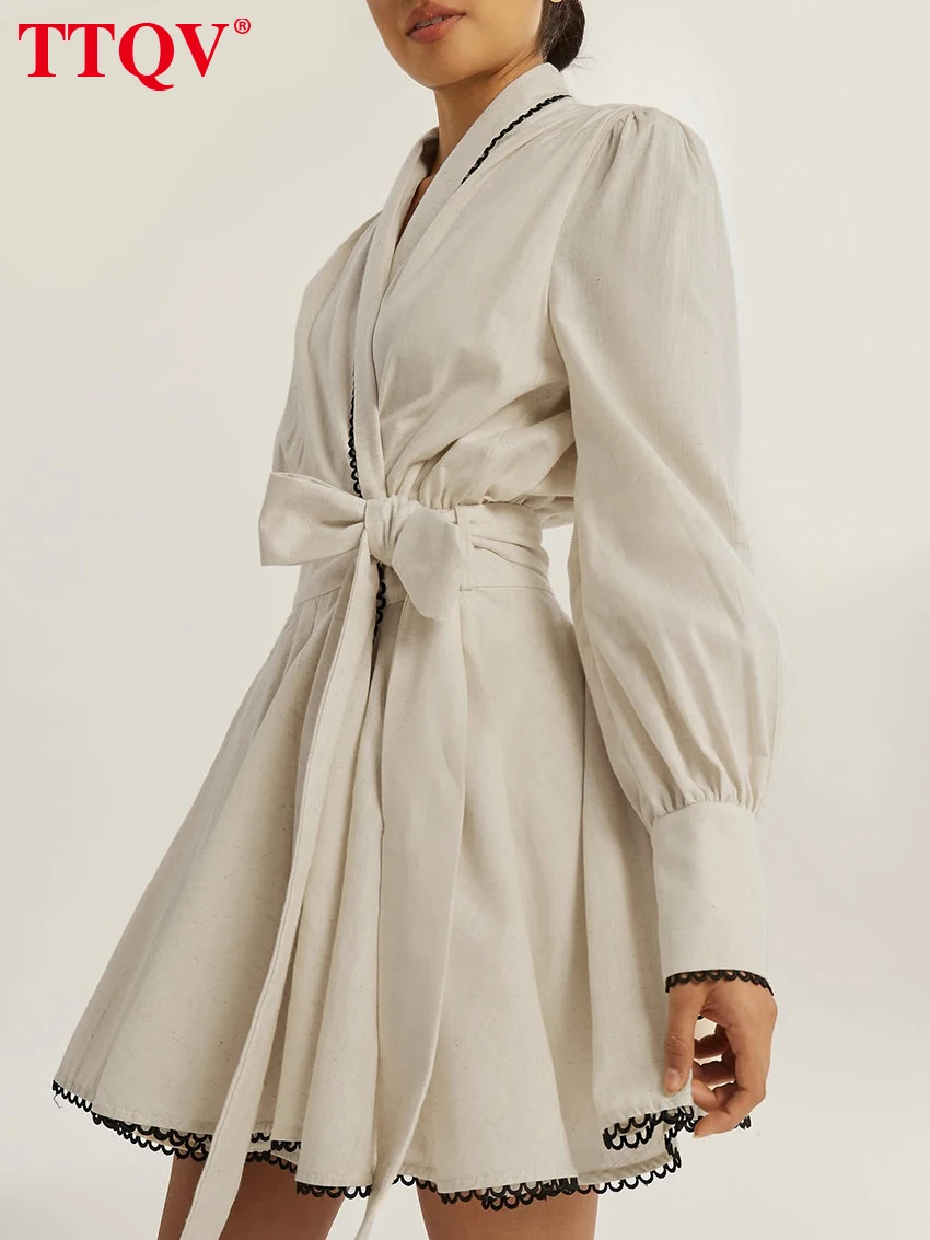 

TTQV Fashion Loose Beige Cotton Women's Dress 2026 Casual Lapel Long Sleeve Mini Dresses Elegant Classic Lace-Up Female Dress