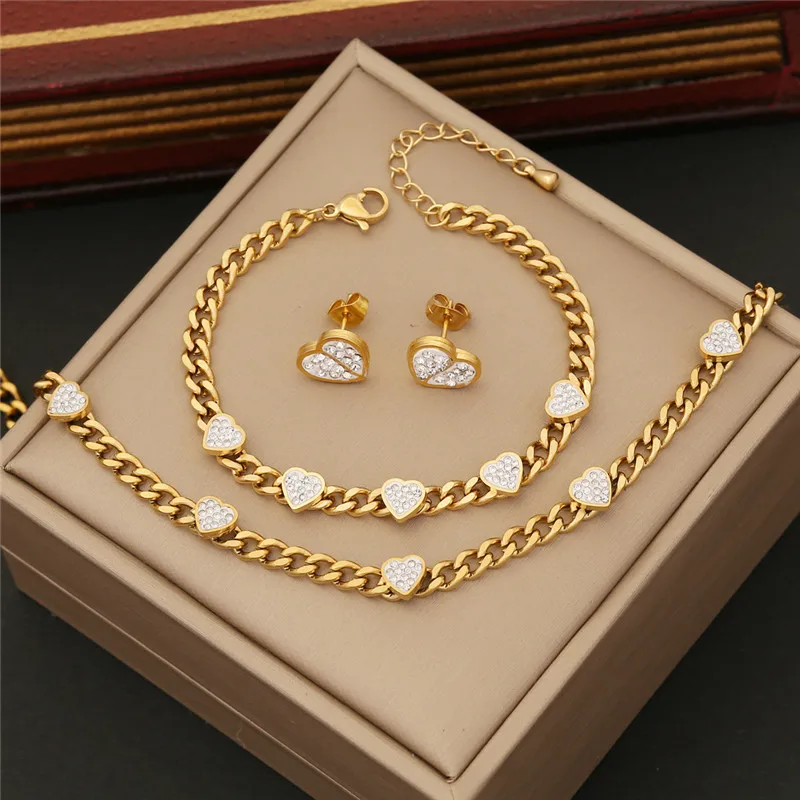 

316 Stainless Steel Vintage CZ Crystal Inlaid Zircon Love Bracelet Earring Necklace Set Collares Para Mujer Elegantes