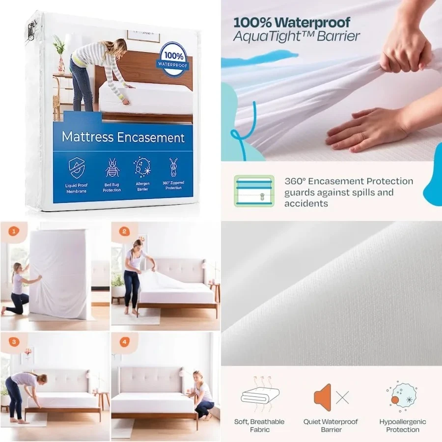 

Zippered Mattress Encasement – King Size Waterproof Mattress Protector – Quiet Cover & Complete protection – Dorm Room Essentials, White