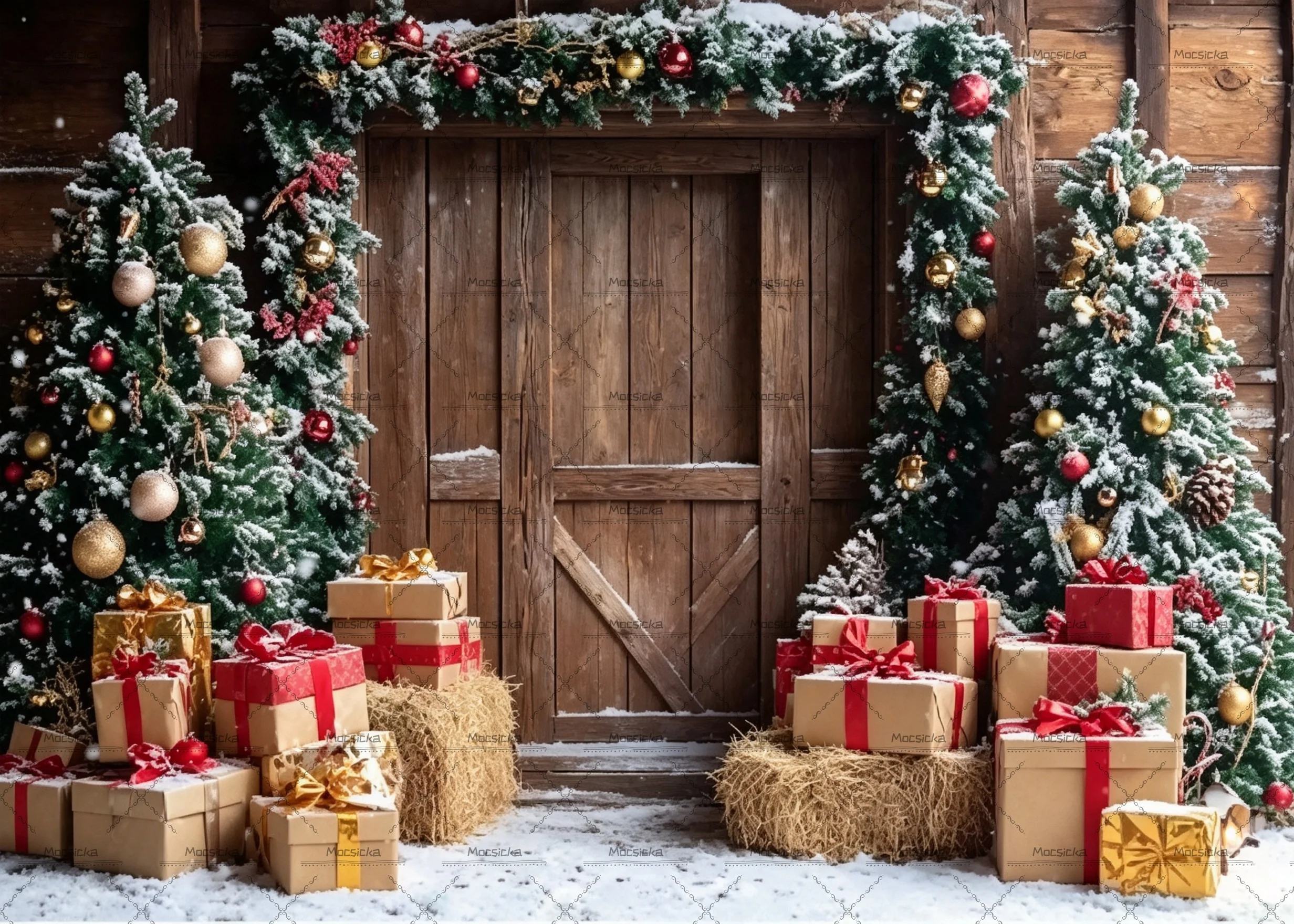 Barn Door Christmas Backdrop Snow Tree Wreath Bow Hay Gift Decor Kids Family Portrait Studio Shooting Photo Background Prop